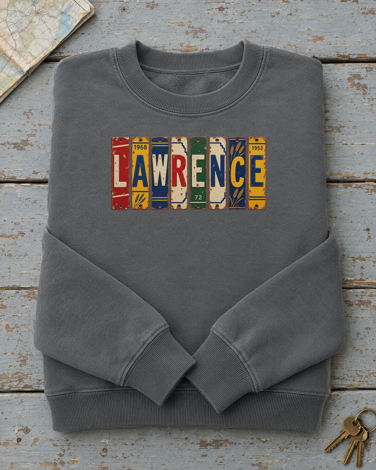 Lawrence, Kansas vintage license plate sweatshirt in Pepper