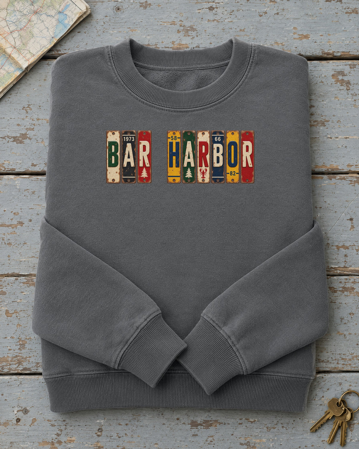 Bar Harbor, Maine vintage license plate sweatshirt in Pepper