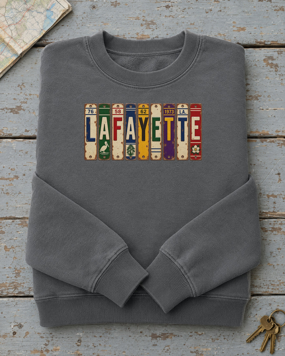 Lafayette, Louisiana vintage license plate sweatshirt in Pepper