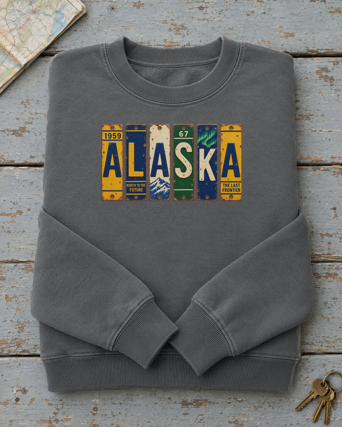 Alaska vintage license plate sweatshirt in Pepper