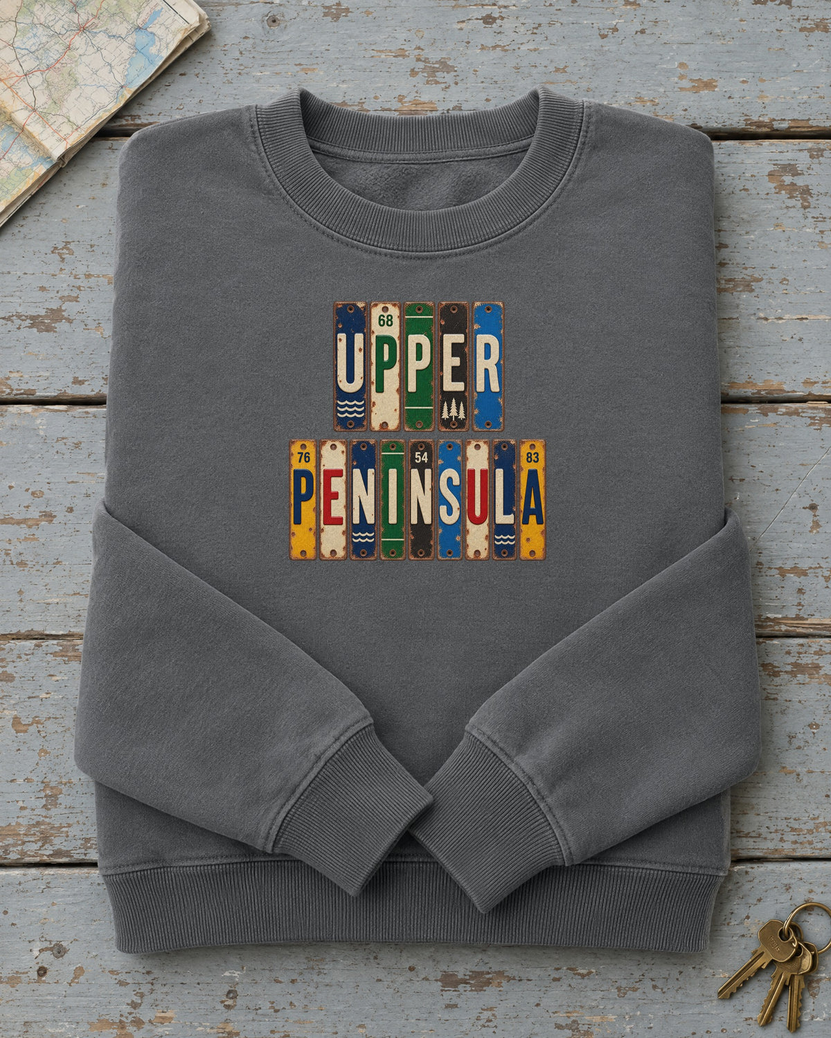 Upper Peninsula, Michigan vintage license plate sweatshirt in Pepper
