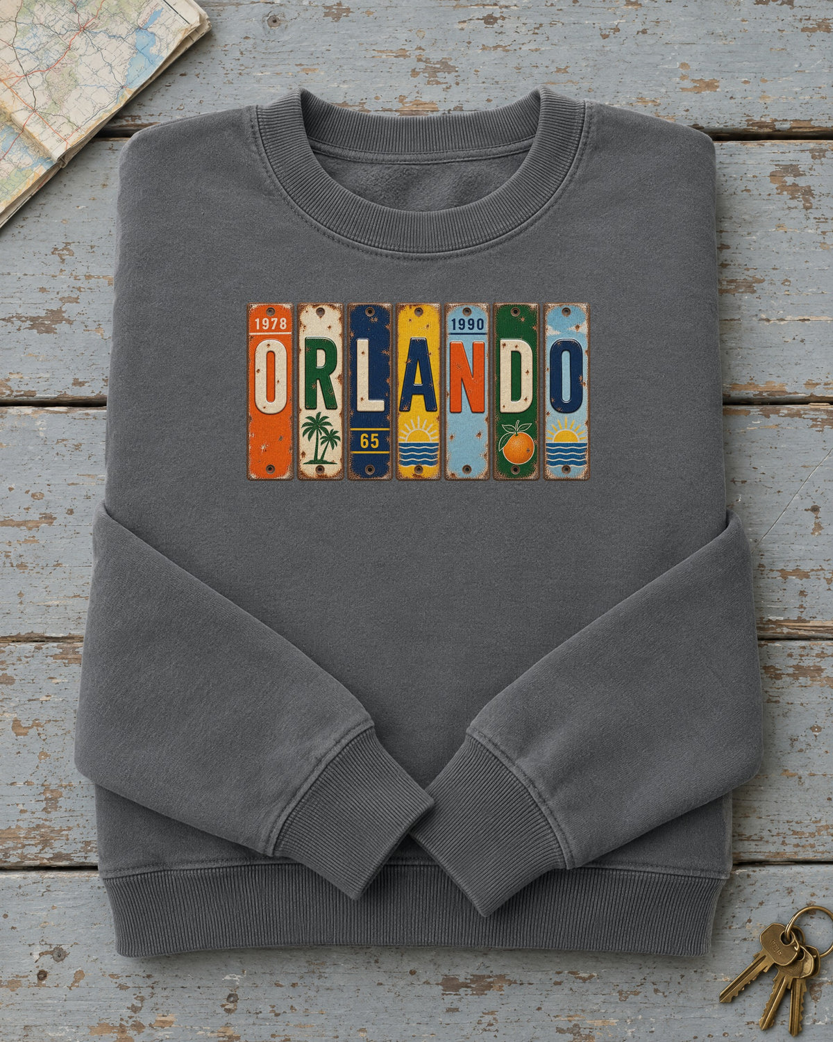 Orlando, Florida vintage license plate sweatshirt in Pepper