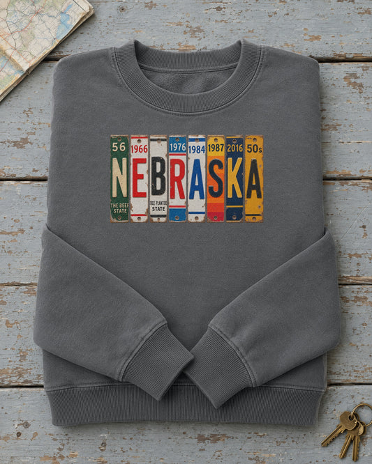 Nebraska vintage license plate sweatshirt in Pepper