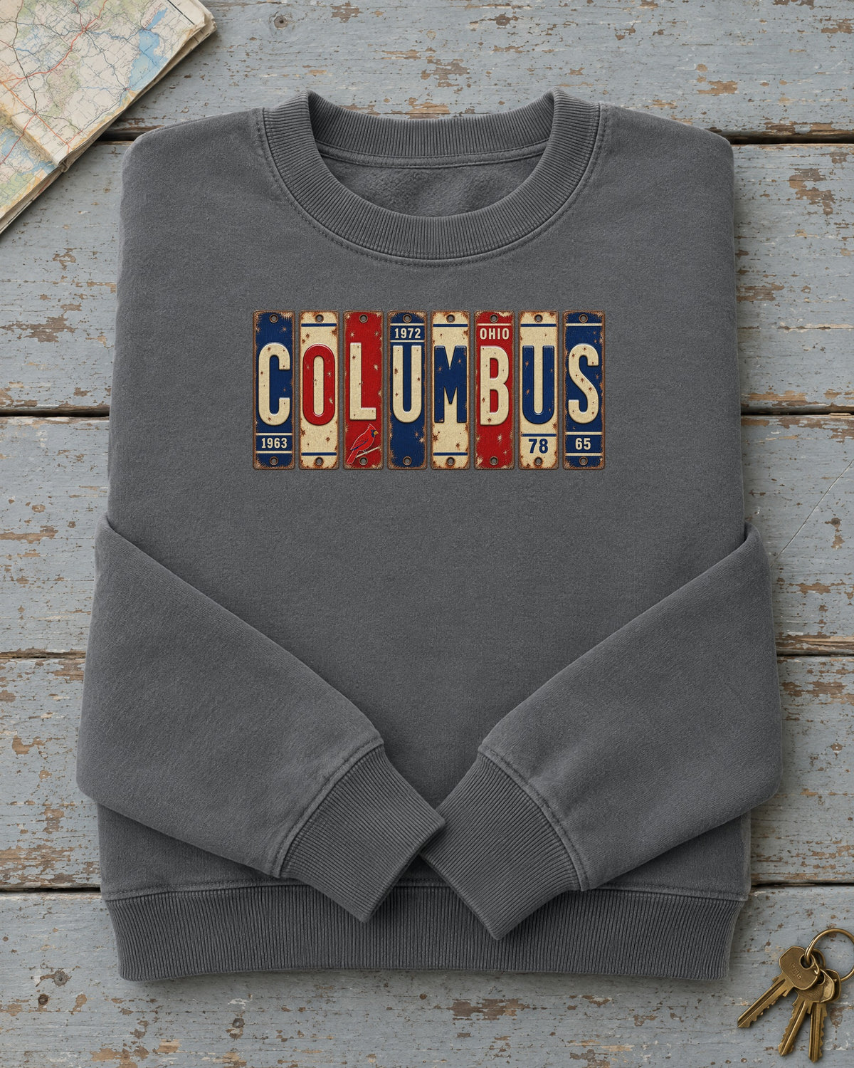 Columbus, Ohio vintage license plate sweatshirt in Pepper