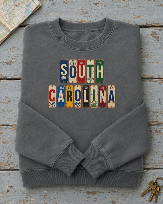 South Carolina vintage license plate sweatshirt in Pepper
