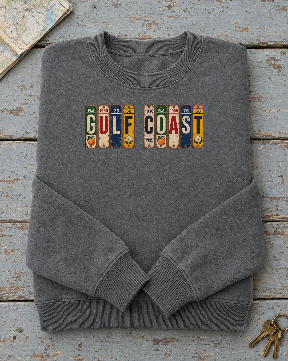 Gulf Coast vintage license plate sweatshirt in Pepper
