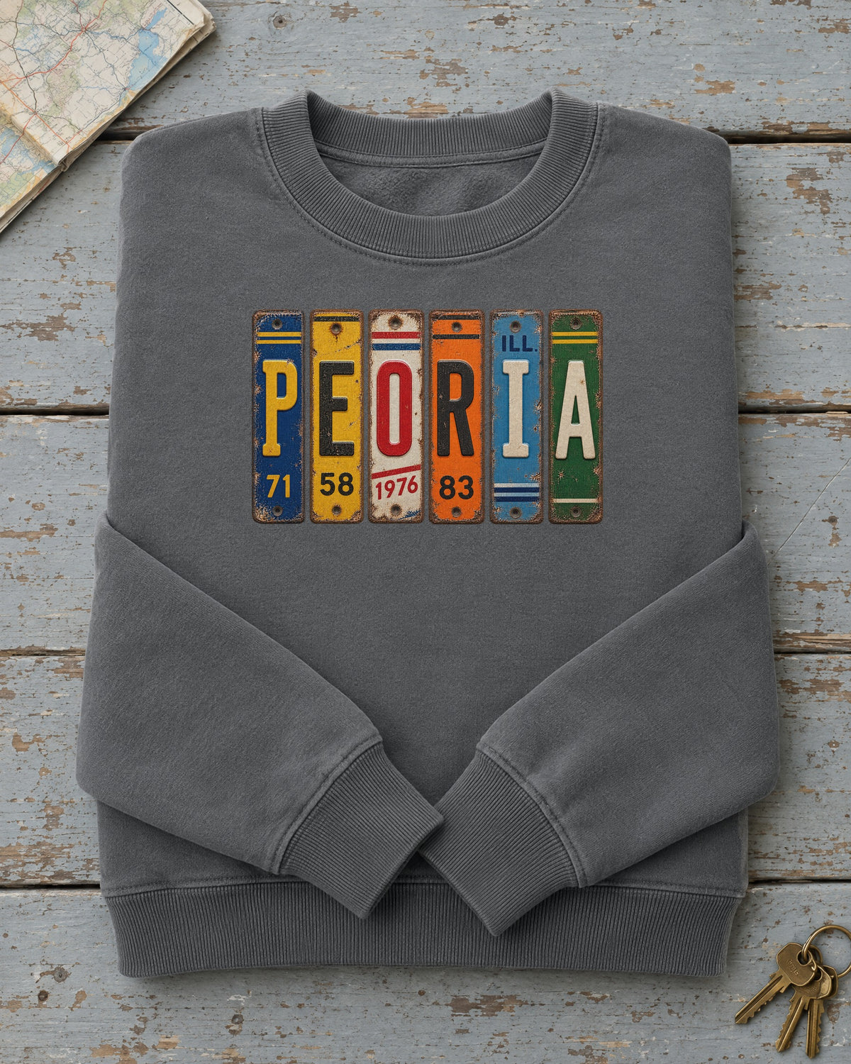 Peoria, Illinois vintage license plate sweatshirt in Pepper