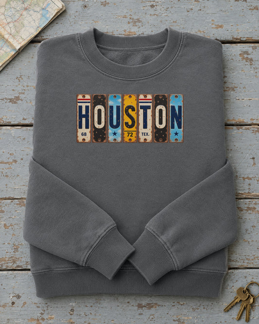 Houston, Texas vintage license plate sweatshirt in Pepper