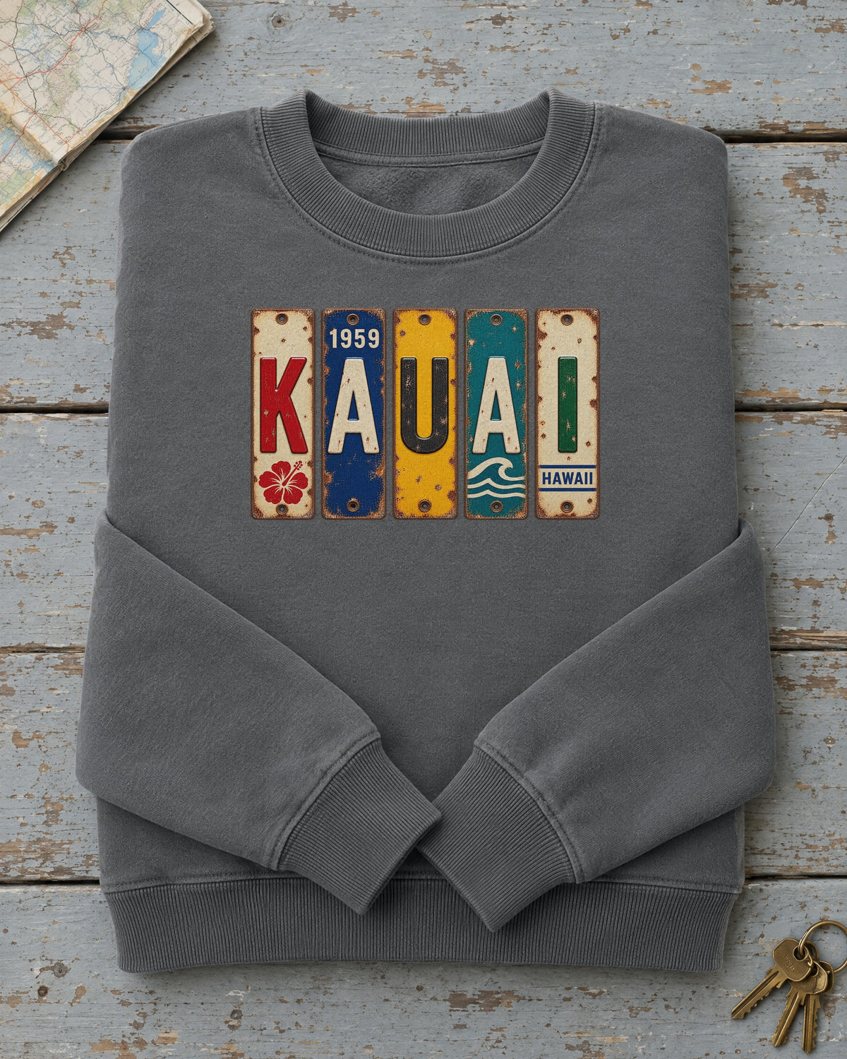 Kauai, Hawaii vintage license plate sweatshirt in Pepper
