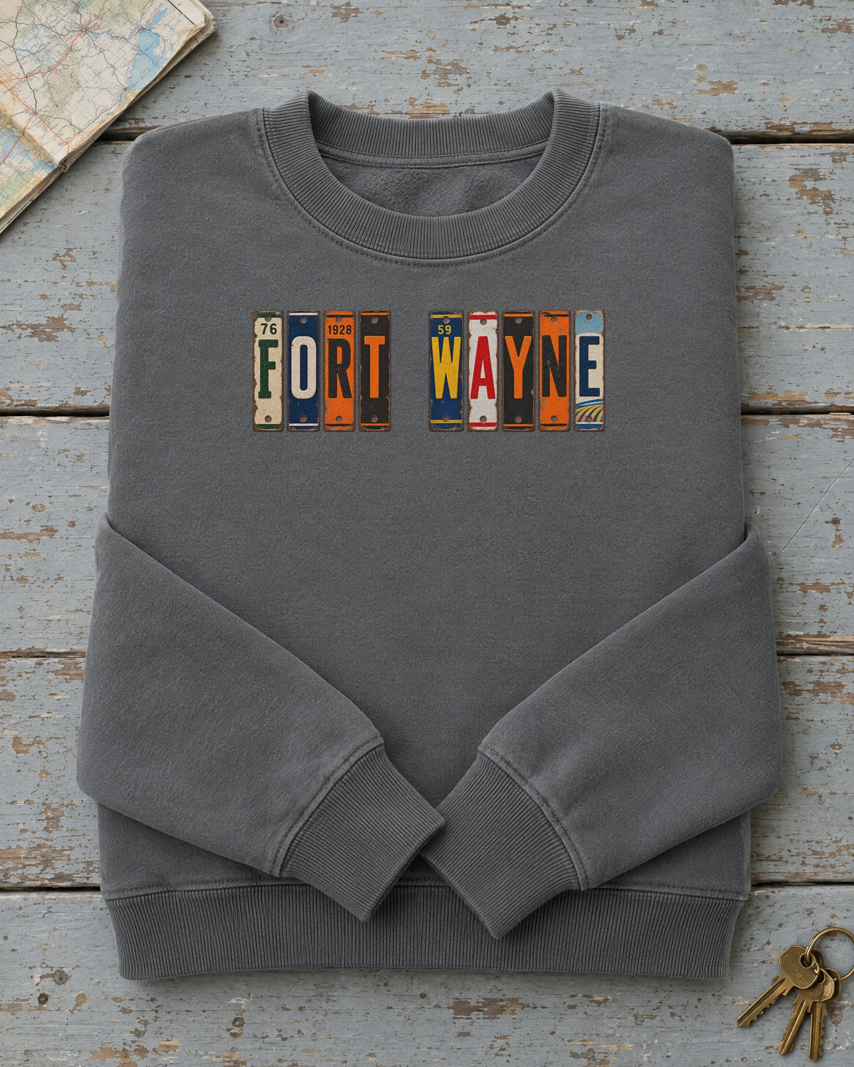 Fort Wayne, Indiana vintage license plate sweatshirt in Pepper
