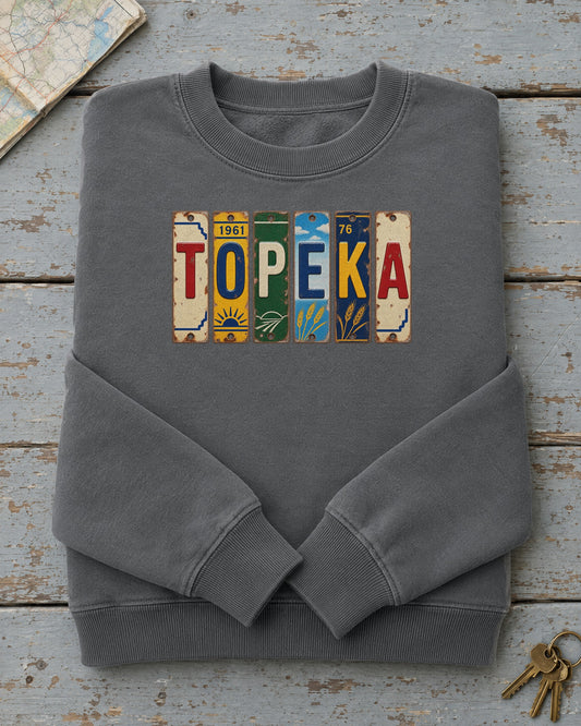 Topeka, Kansas vintage license plate sweatshirt in Pepper