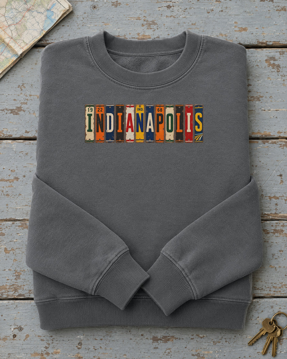Indianapolis, Indiana vintage license plate sweatshirt in Pepper