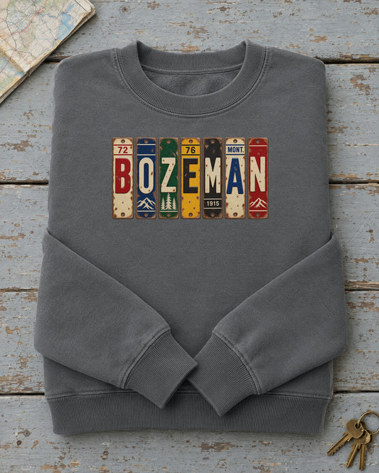 Bozeman, Montana vintage license plate sweatshirt in Pepper