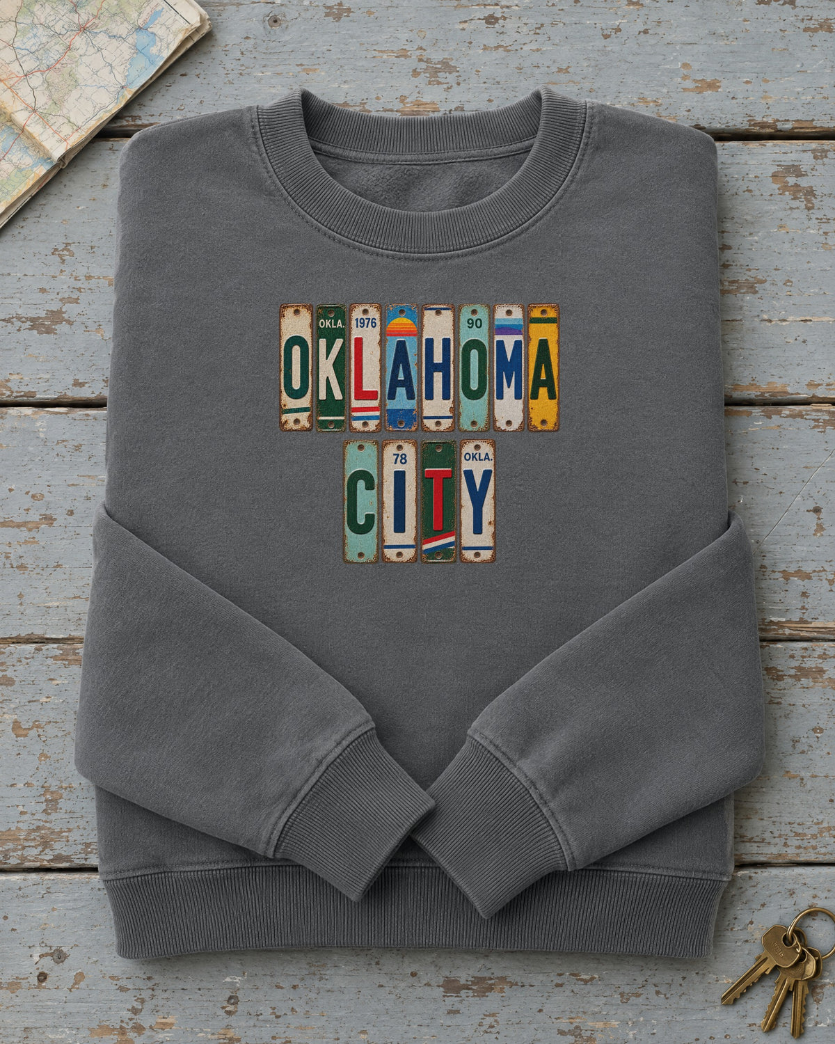 Oklahoma City, Oklahoma vintage license plate sweatshirt in Pepper