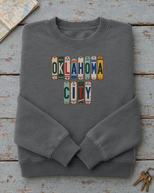 Oklahoma City, Oklahoma vintage license plate sweatshirt in Pepper