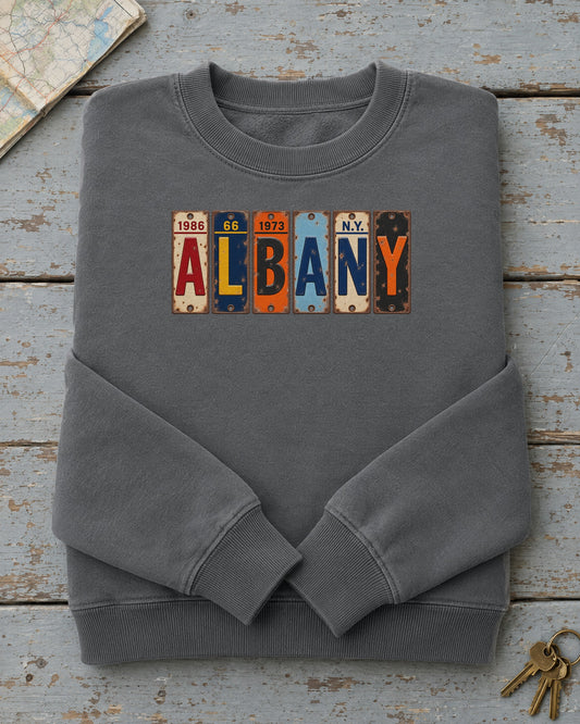 Albany, New York vintage license plate sweatshirt in Pepper