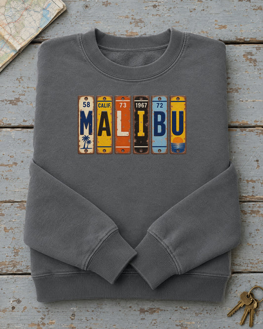 Malibu, California vintage license plate sweatshirt in Pepper