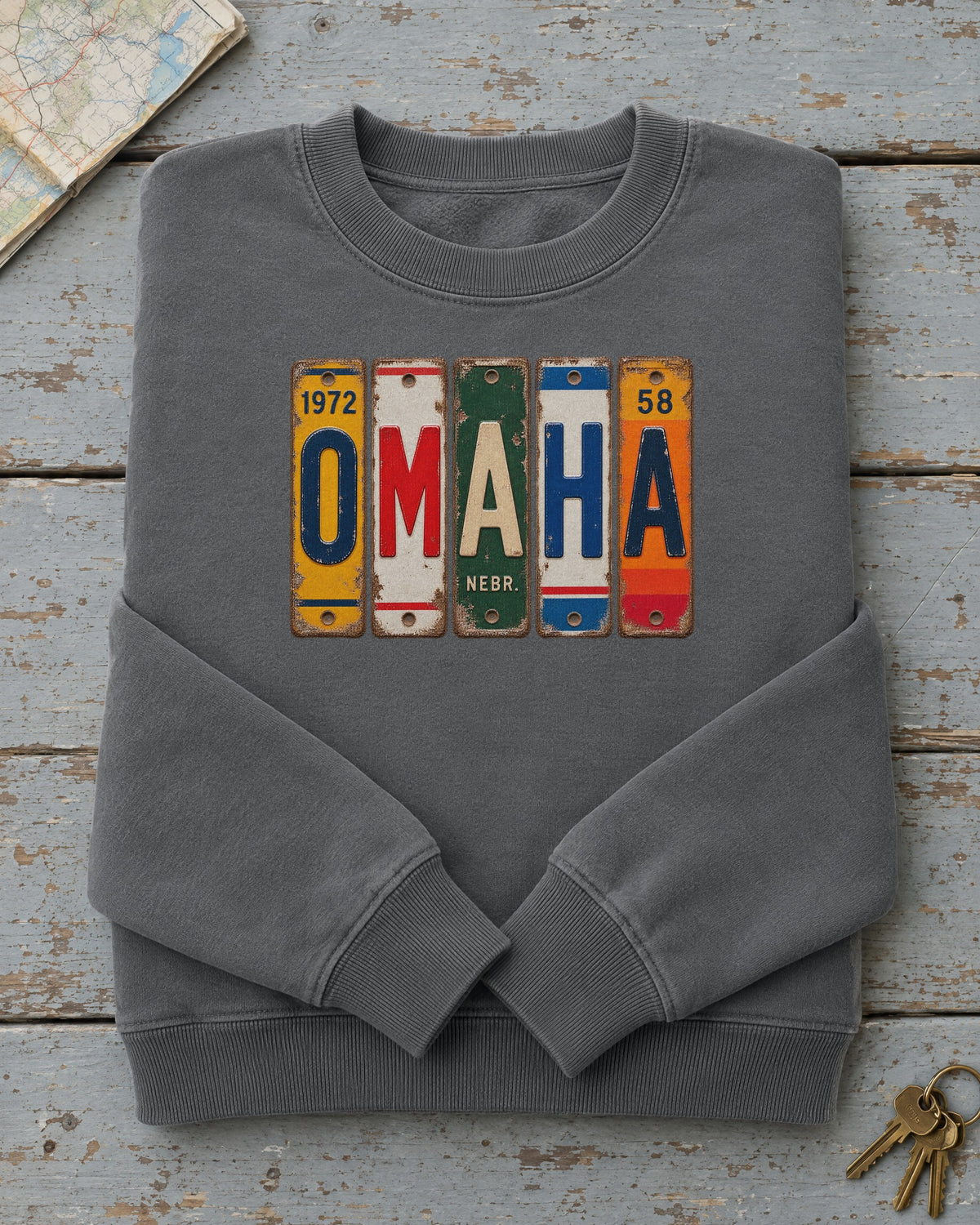 Omaha, Nebraska vintage license plate sweatshirt in Pepper