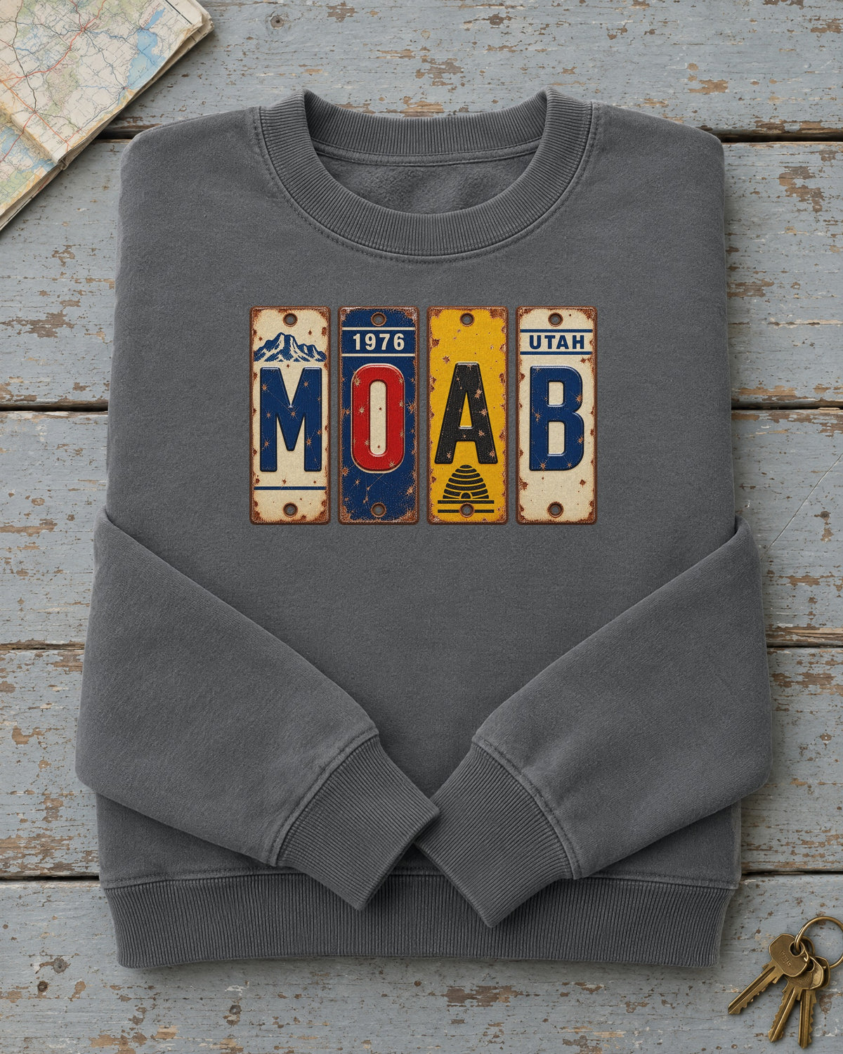 Moab, Utah vintage license plate sweatshirt in Pepper