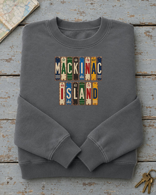 Mackinac Island, Michigan vintage license plate sweatshirt in Pepper
