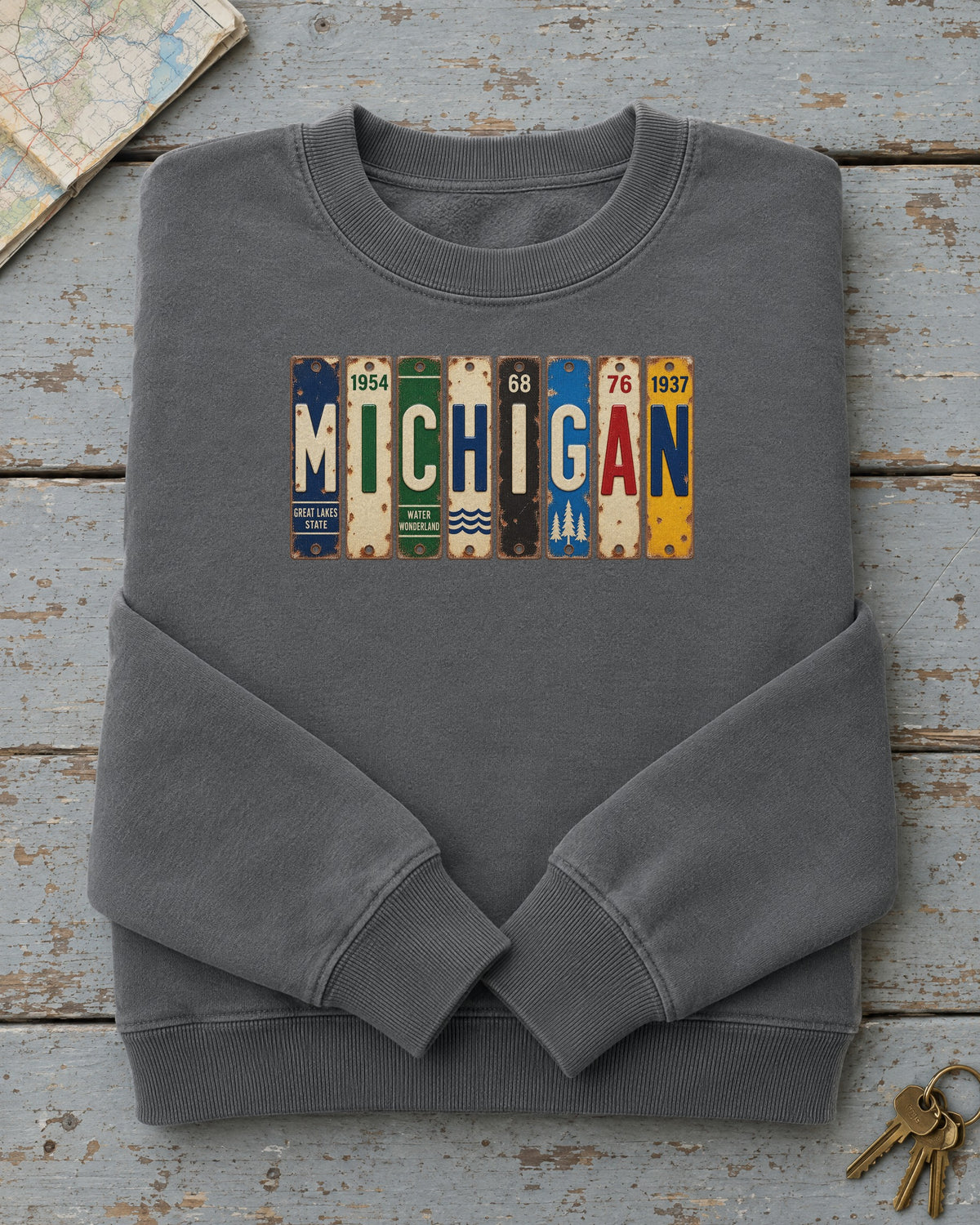 Michigan vintage license plate sweatshirt in Pepper
