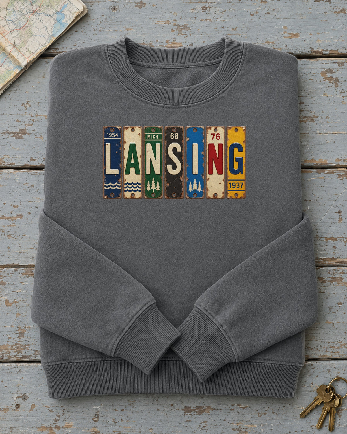 Lansing, Michigan vintage license plate sweatshirt in Pepper