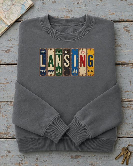 Lansing, Michigan vintage license plate sweatshirt in Pepper