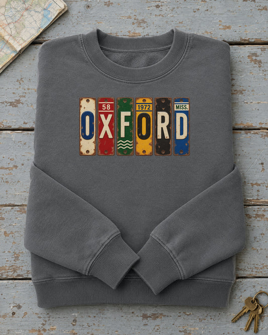 Oxford, Mississippi vintage license plate sweatshirt in Pepper