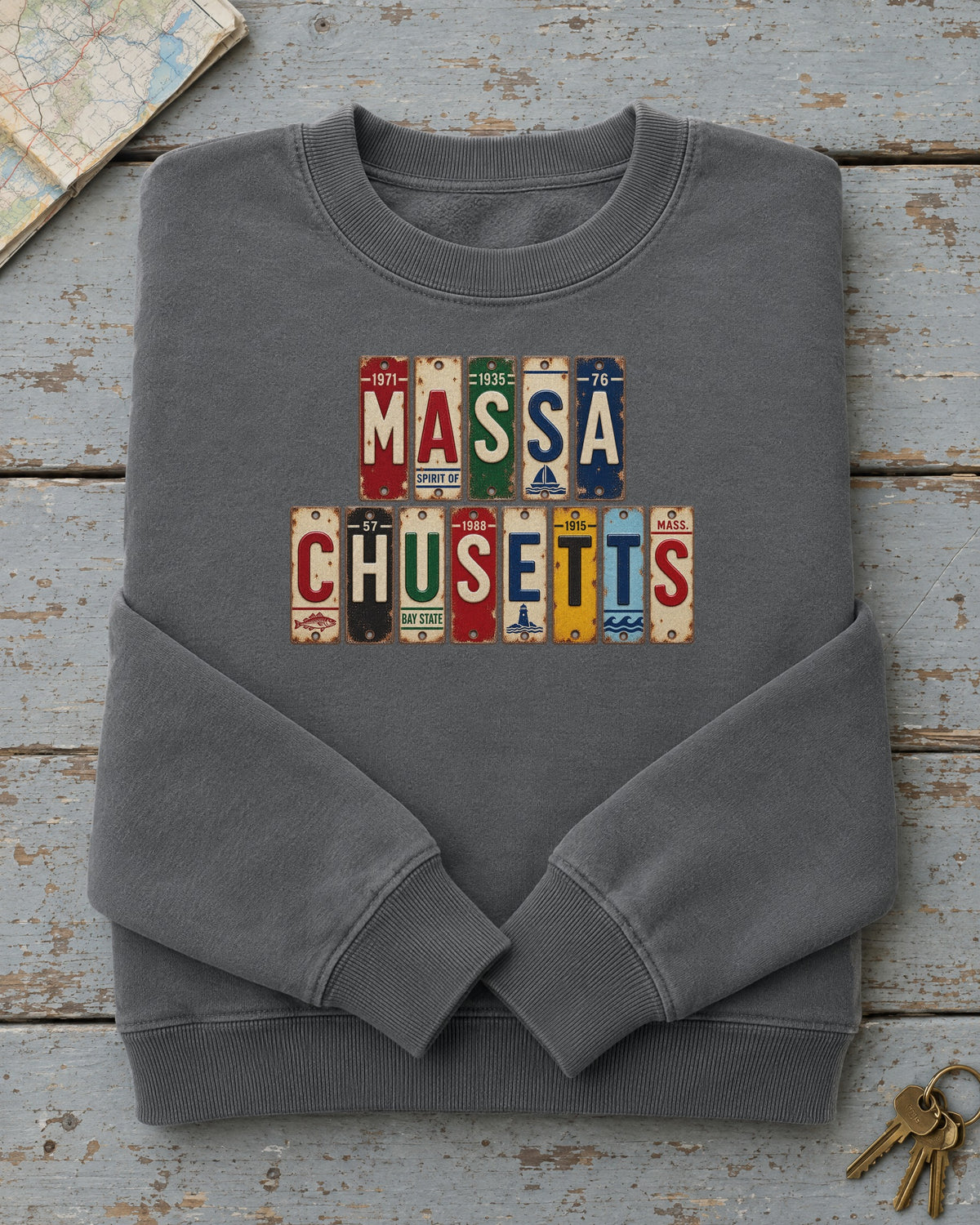 Massachusetts vintage license plate sweatshirt in Pepper