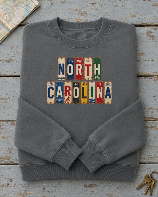 North Carolina vintage license plate sweatshirt in Pepper