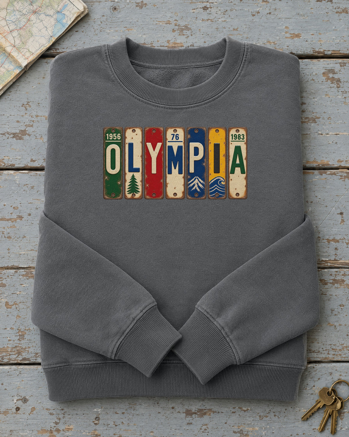 Olympia, Washington vintage license plate sweatshirt in Pepper