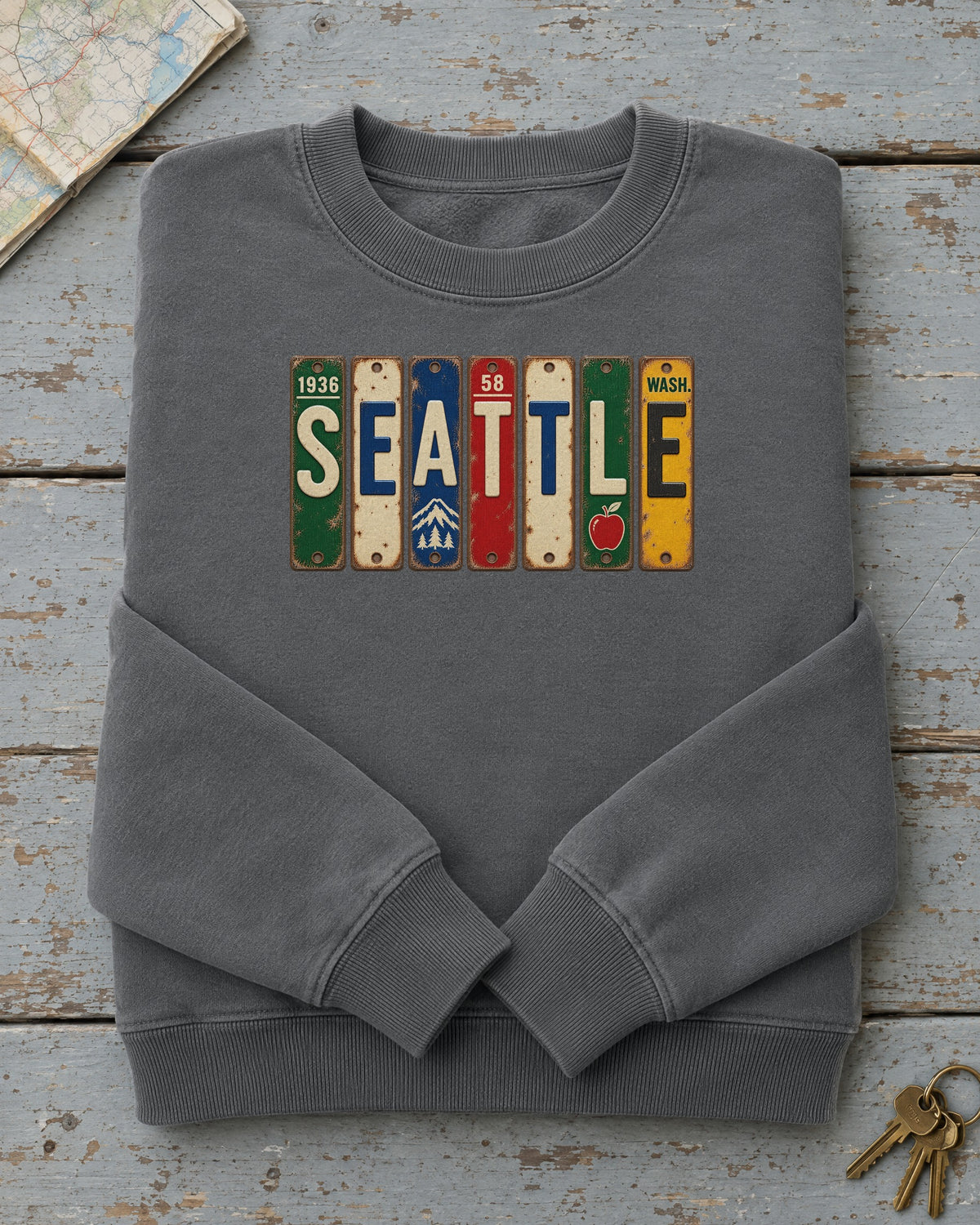 Seattle, Washington vintage license plate sweatshirt in Pepper