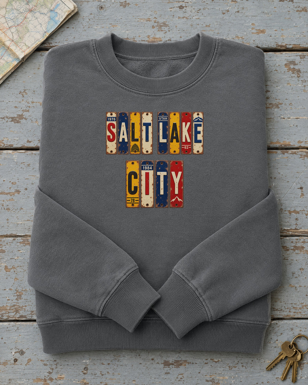 Salt Lake City, Utah vintage license plate sweatshirt in Pepper