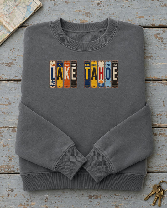 Lake Tahoe, California vintage license plate sweatshirt in Pepper