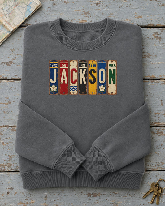 Jackson, Mississippi vintage license plate sweatshirt in Pepper