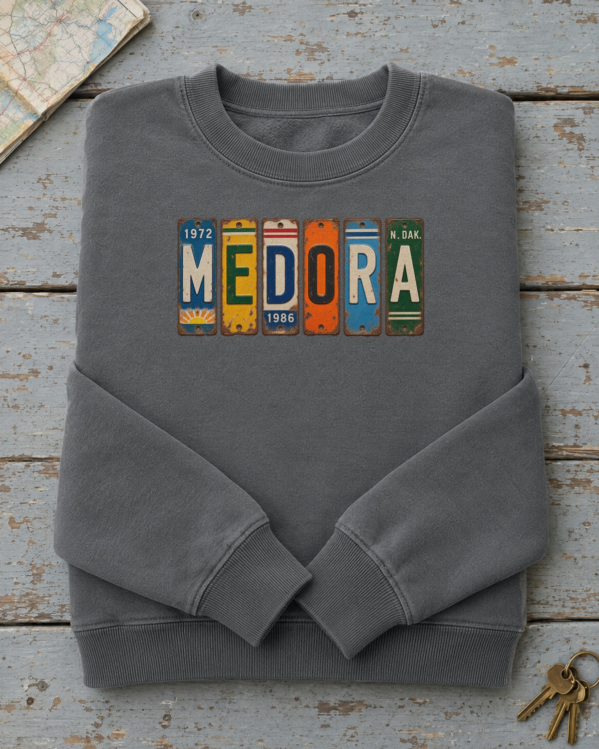 Medora, North Dakota vintage license plate sweatshirt in Pepper