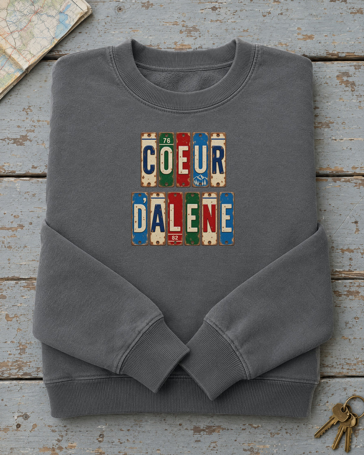 Coeur d'Alene, Idaho vintage license plate sweatshirt in Pepper