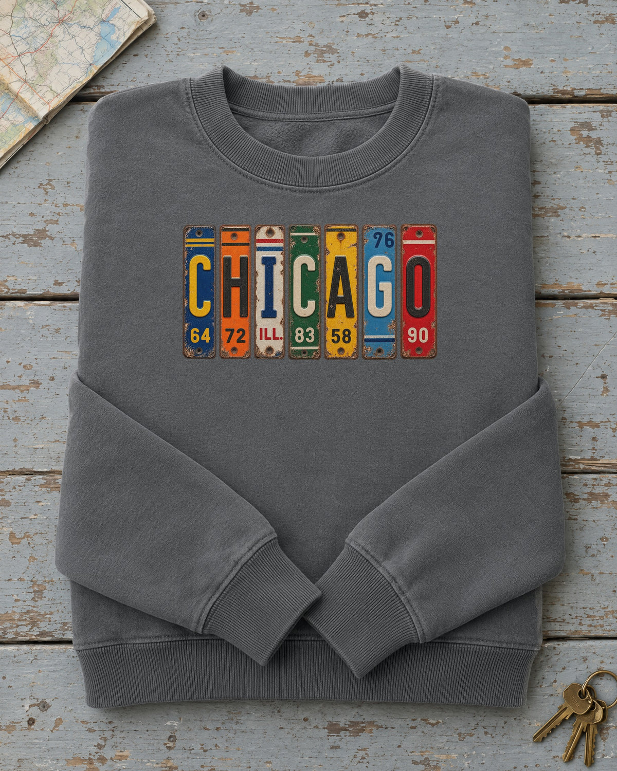 Chicago, Illinois vintage license plate sweatshirt in Pepper