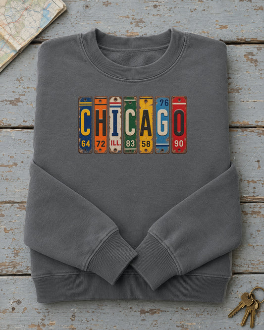 Chicago, Illinois vintage license plate sweatshirt in Pepper