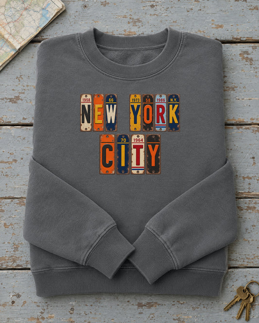 New York City, New York vintage license plate sweatshirt in Pepper
