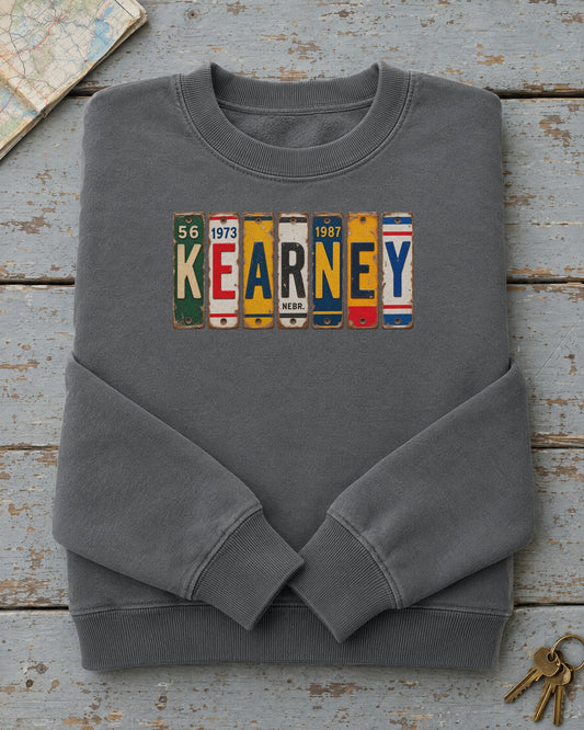 Kearney, Nebraska vintage license plate sweatshirt in Pepper