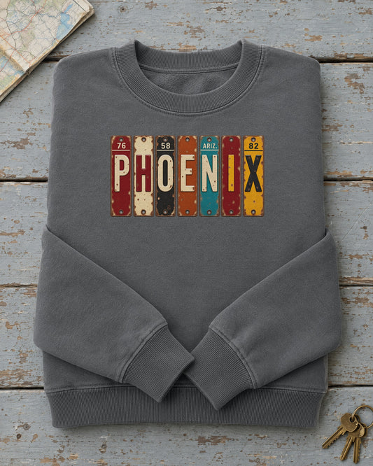 Phoenix, Arizona vintage license plate sweatshirt in Pepper