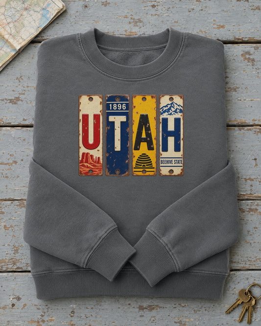 Utah vintage license plate sweatshirt in Pepper