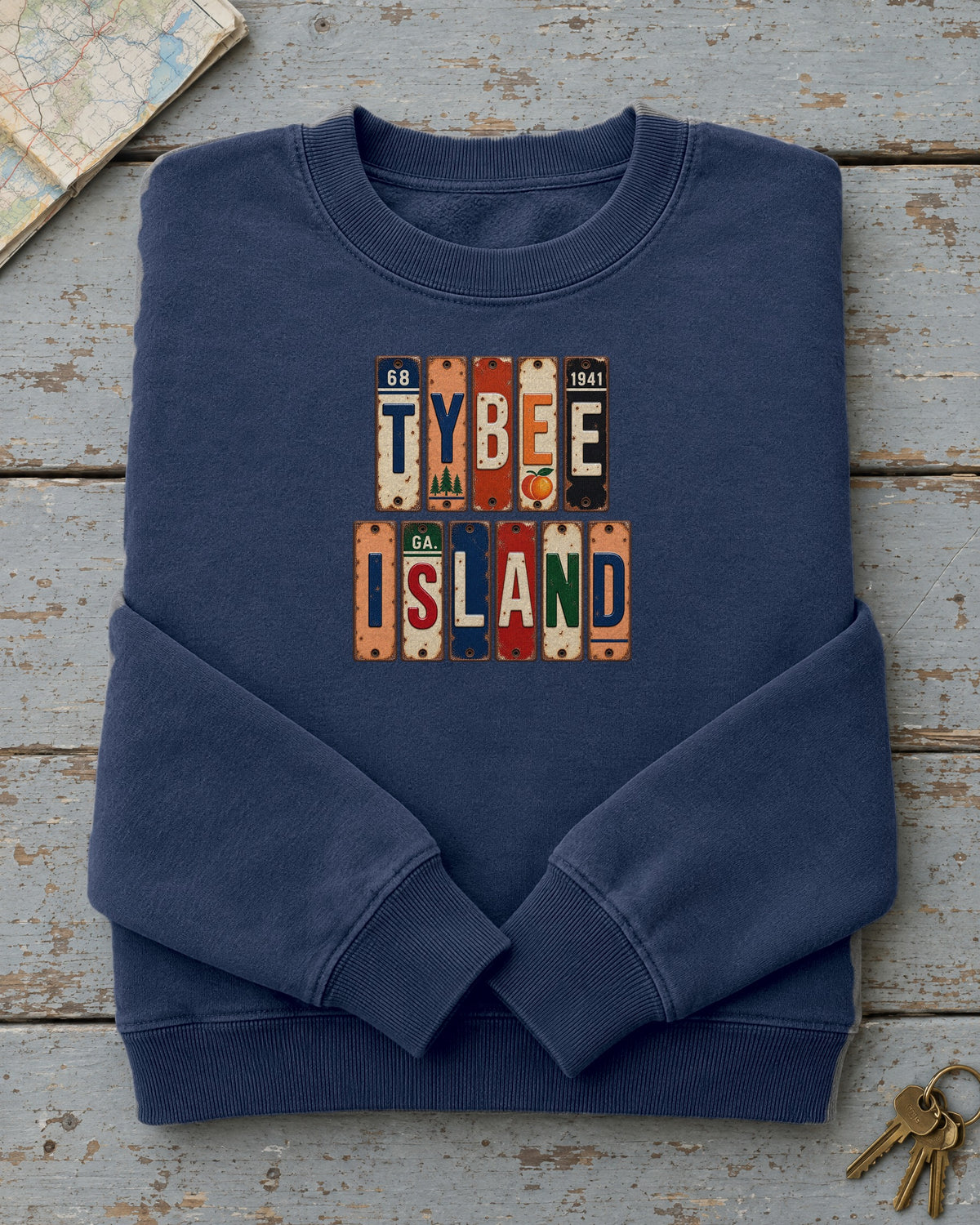 Tybee Island, Georgia vintage license plate sweatshirt in True Navy