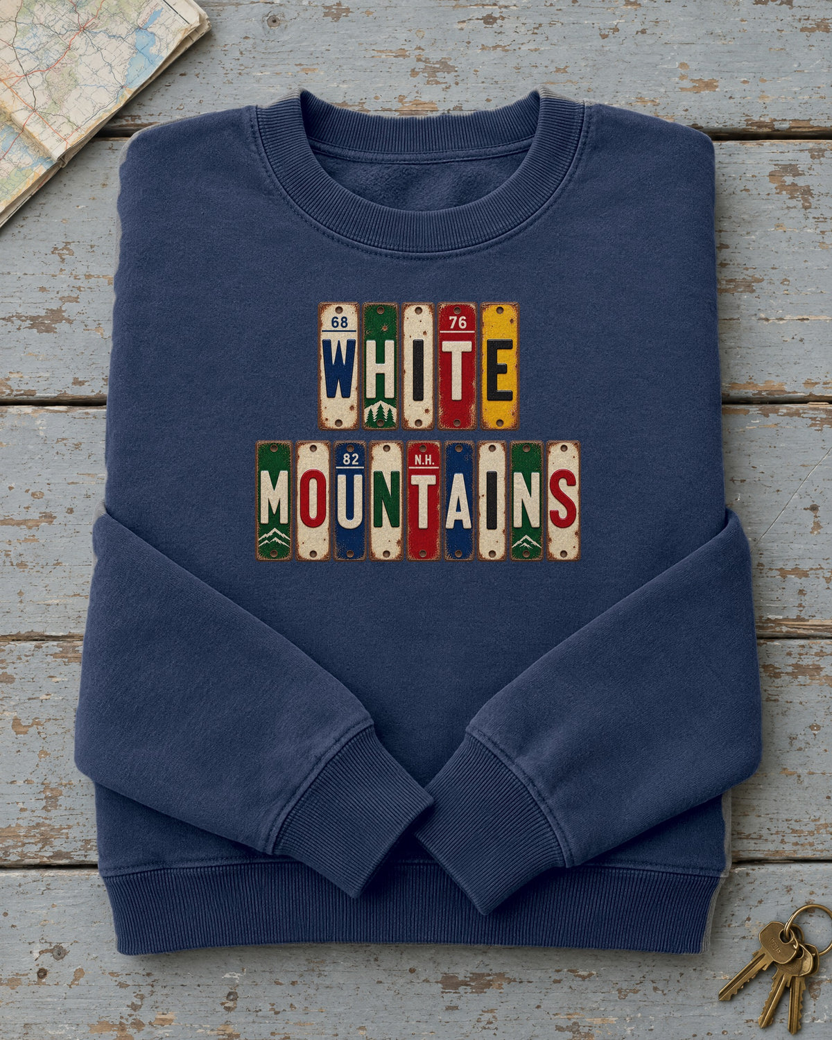 White Mountains, New Hampshire vintage license plate sweatshirt in True Navy