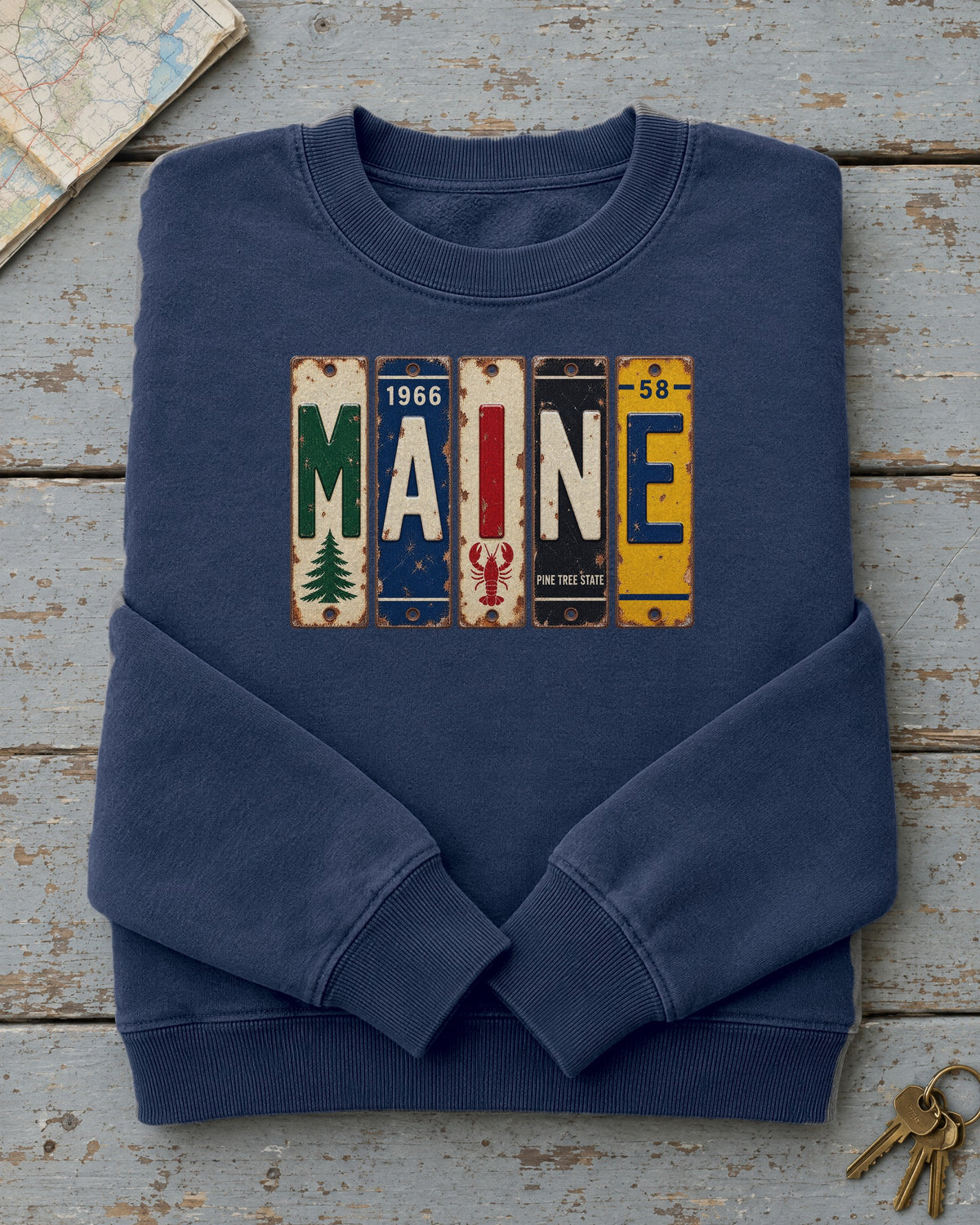 Maine vintage license plate sweatshirt in True Navy