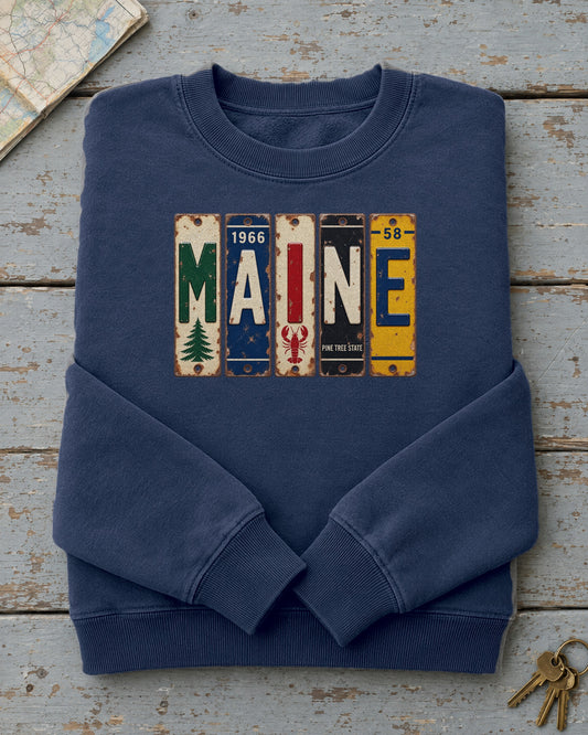 Maine vintage license plate sweatshirt in True Navy