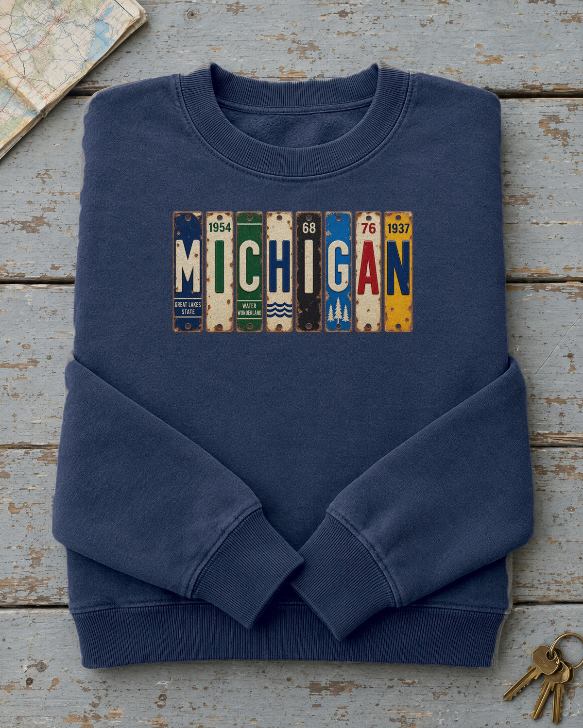 Michigan vintage license plate sweatshirt in True Navy