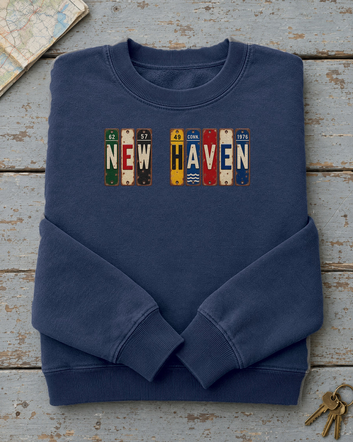 New Haven, Connecticut vintage license plate sweatshirt in True Navy