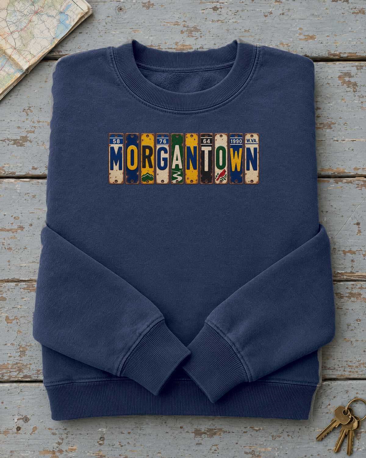 Morgantown, West Virginia vintage license plate sweatshirt in True Navy
